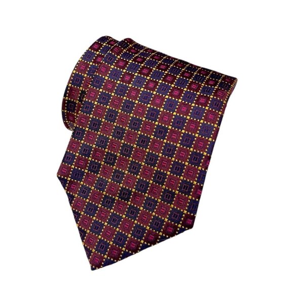 Etro Burgundy and Gold Geometric Patterned Silk Tie - Picture 1 of 10